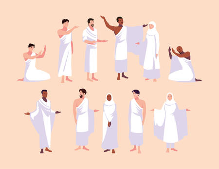 set of people in hajj pilgrimage vector illustration designのイラスト素材