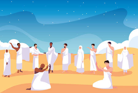 set of people in hajj pilgrimage vector illustration designのイラスト素材