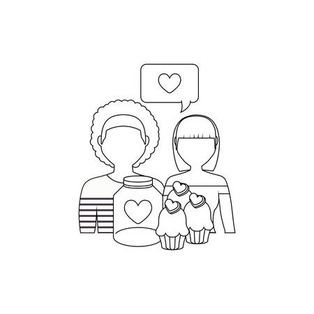 young couple lovers with cupcake and icons vector illustration designのイラスト素材