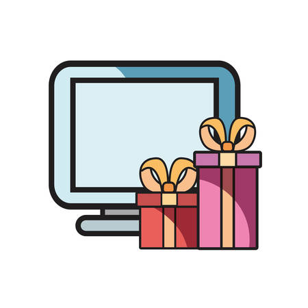 online shopping computer and gifts vector illustrationのイラスト素材