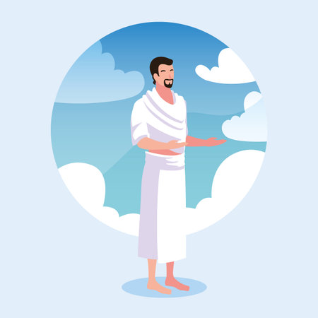 man pilgrim hajj standing, day of Dhul Hijjah vector illustration designのイラスト素材