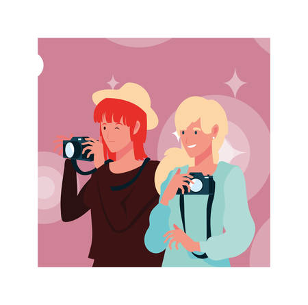 Women with camera design, Device gadget technology photography equipment digital and photo theme Vector illustrationのイラスト素材