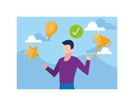 man with set of icons, goals, way to success vector illustration designのイラスト素材