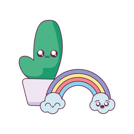Cactus and rainbow cartoon design, Kawaii expression cute character funny and emoticon theme Vector illustrationのイラスト素材