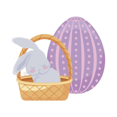 cute rabbit with basket wicker and egg of easter vector illustration designのイラスト素材