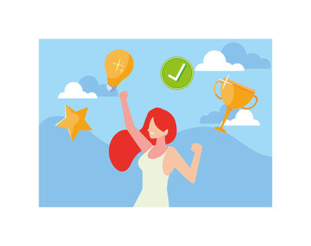 woman with set of icons, goals, way to success vector illustration designのイラスト素材