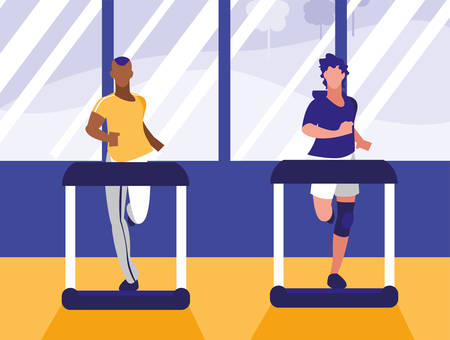 men with runner machine in gym vector illustration designのイラスト素材