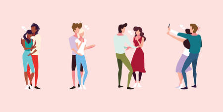 set of couple in love, man and woman embracing each other affectionately vector illustration designのイラスト素材