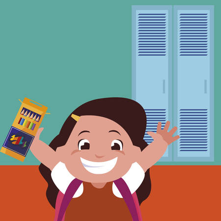 little schoolgirl with schoolbag in school corridor vector illustration designのイラスト素材