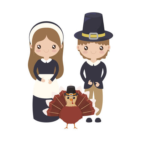 Woman and man cartoon of thanksgiving day design, Autumn season holiday greeting and traditional theme Vector illustrationのイラスト素材