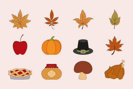 Happy thanksgiving day icon set design, Autumn season holiday greeting and traditional theme Vector illustrationのイラスト素材