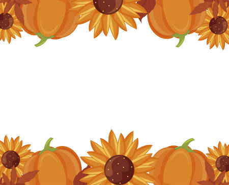 Autumn pumpkins sunflowers and leaves design, season nature ornament garden decoration and botany theme Vector illustrationのイラスト素材