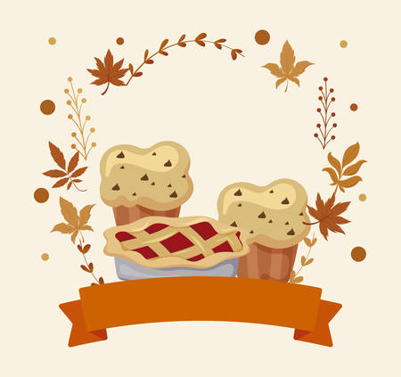 Muffins cake and leaves of thanksgiving day design, Autumn season holiday greeting and traditional theme Vector illustrationのイラスト素材