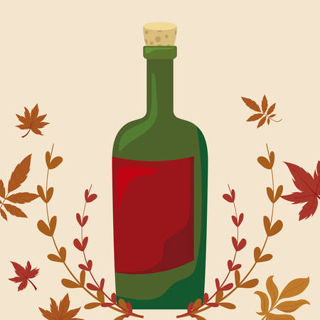 Wine bottle and leaves of thanksgiving day design, Autumn season holiday greeting and traditional theme Vector illustrationのイラスト素材