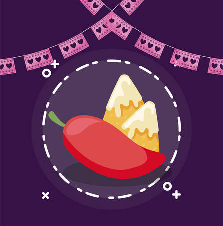 Mexican chilli and nachos with banner pennant design, Mexico culture tourism landmark latin and party theme Vector illustrationのイラスト素材
