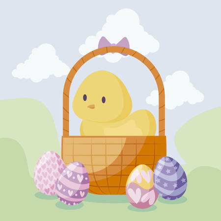 cute chicken in basket with eggs of easter vector illustration designのイラスト素材