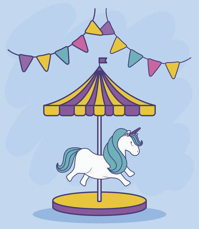 carousel with unicorn and garlands hanging vector illustration designのイラスト素材