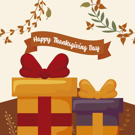 Gifts and leaves of thanksgiving day design, Autumn season holiday greeting and traditional theme Vector illustrationのイラスト素材