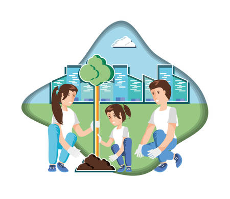 family planting with cityscape in eco friendly scene  illustration designのイラスト素材