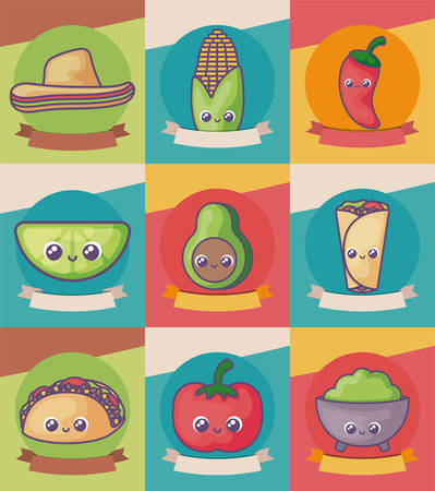bundle mexican foods kawaii style vector illustration designのイラスト素材