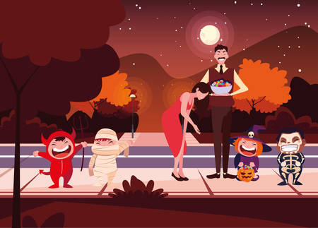 costumed children design, Halloween holiday horror scary celebration autumn dark and party theme Vector illustrationのイラスト素材