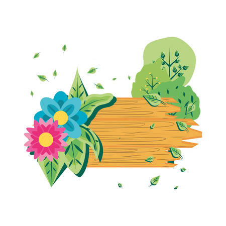 wooden label with flower decoration and trees plants vector illustration designのイラスト素材