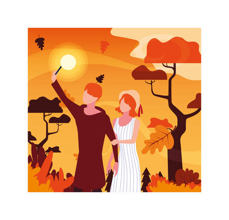 couple of people walking in the park, autumn landscape vector illustration designのイラスト素材