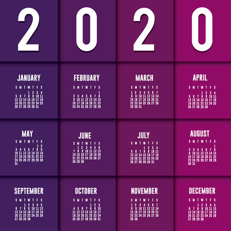 purple 2020 calendar design, Planner time event moth date day page plan and reminder theme Vector illustrationのイラスト素材