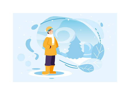 man with winter clothes in landscape with snowfall vector illustration designのイラスト素材