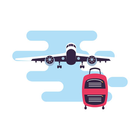 travel suitcase equipment with airplane flying vector illustration designのイラスト素材