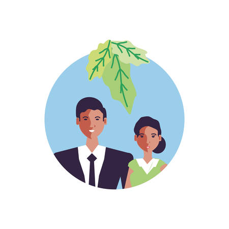 business couple with leafs in frame circular vector illustration designのイラスト素材