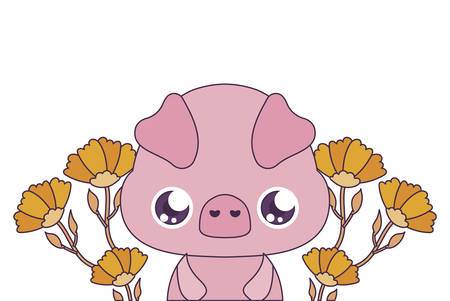 pig cartoon with flowers design, Kawaii expression cute character funny and emoticon theme Vector illustrationのイラスト素材