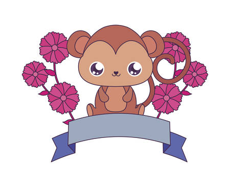 monkey cartoon with flowers and ribbon design, Kawaii expression cute character funny and emoticon theme Vector illustrationのイラスト素材