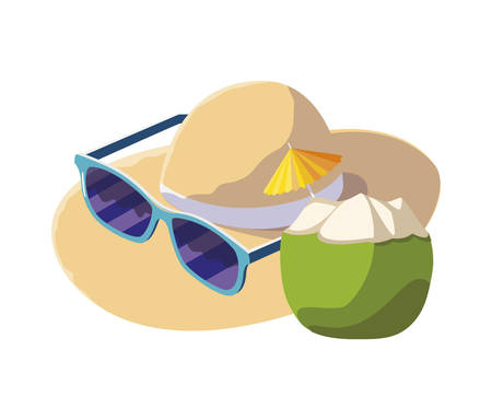 fresh coconut cocktail with straw hat and sunglasses vector illustration designのイラスト素材