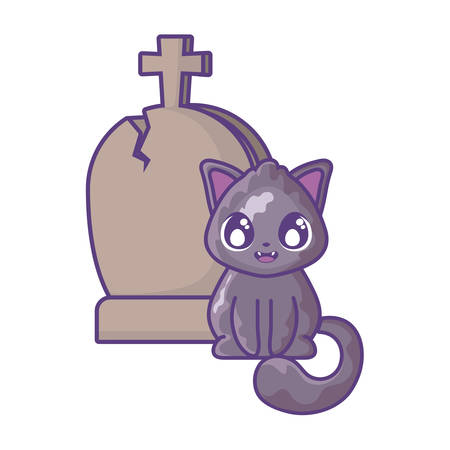 cute cat with graveyard tombstone on white background vector illustration designのイラスト素材