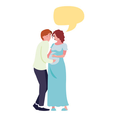 man hugs a pregnant woman talk bubble - pregnancy and maternity vector illustrationのイラスト素材