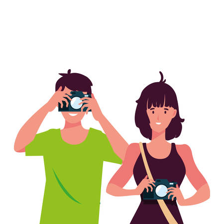 woman and man with camera design, Device gadget technology photography equipment digital and photo theme Vector illustrationのイラスト素材