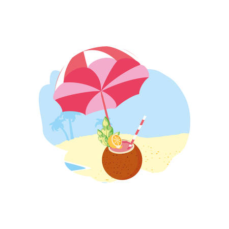 summer cocktail of coconut in the beach with umbrella vector illustration designのイラスト素材