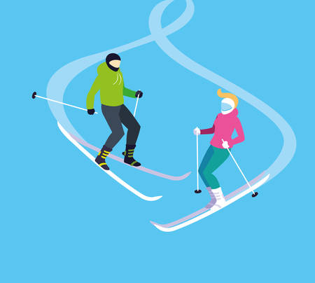 couple practicing ice skiing sport extreme vector illustration designのイラスト素材