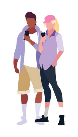 two men using smartphone devices vector illustrationのイラスト素材