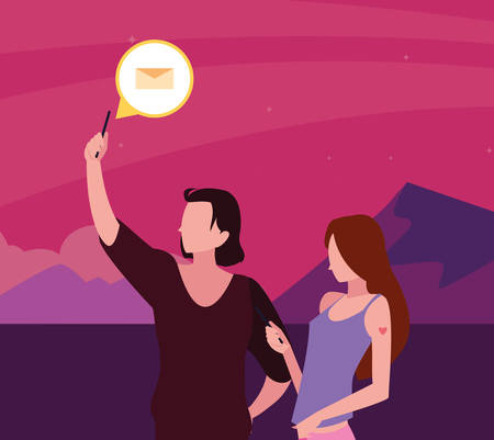 man and woman characters using smartphone vector illustrationのイラスト素材