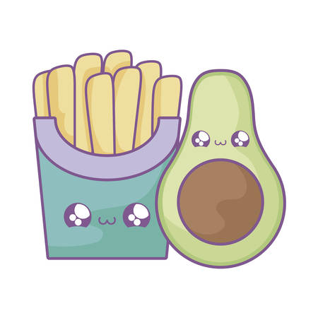 fresh healthy avocado with french fries kawaii style vector illustration designのイラスト素材