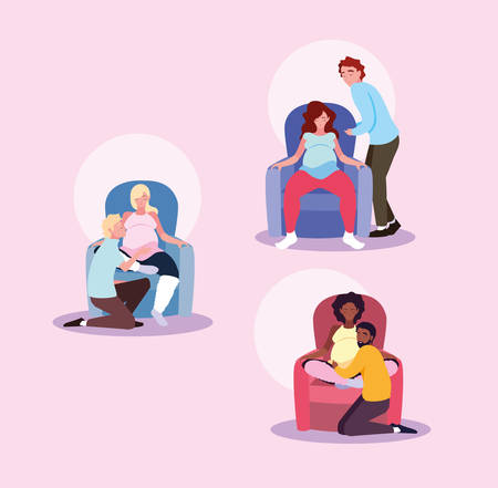 group of pregnant wives sitting in sofa with husband vector illustration designのイラスト素材