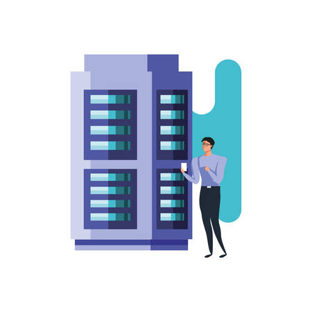 business man using smartphone and data center server vector illustration designのイラスト素材