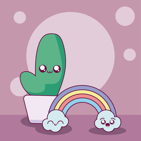 cactus and rainbow cartoon design, Kawaii expression cute character funny and emoticon theme Vector illustrationのイラスト素材