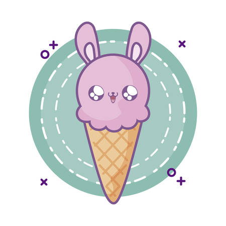 delicious ice cream in cone with face rabbit kawaii style vector illustration designのイラスト素材