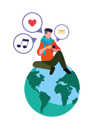 man sitting on world using smartphone social media vector illustrationのイラスト素材