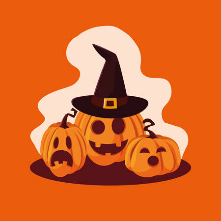 set of halloween pumpkins with witch hat vector illustration designのイラスト素材
