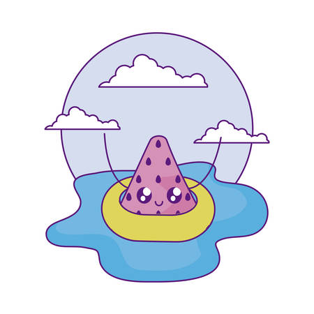 slice of watermelon with float in sea kawaii vector illustration designのイラスト素材