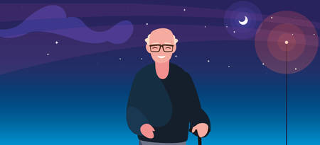old man with walk stick at night vector illustrationのイラスト素材
